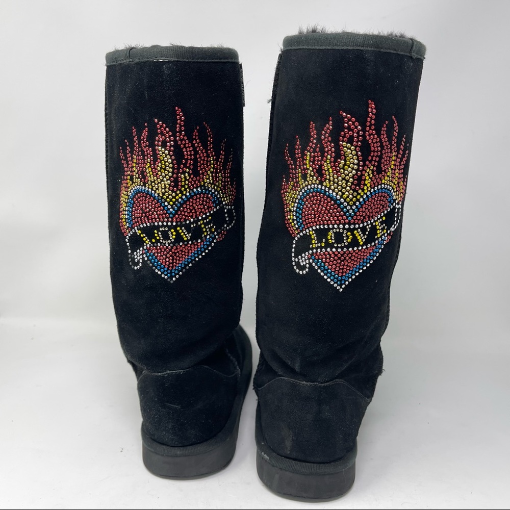Steve Madden Black Powered Boots Bling Rhinestone LOVE Flaming Hearts Size 6